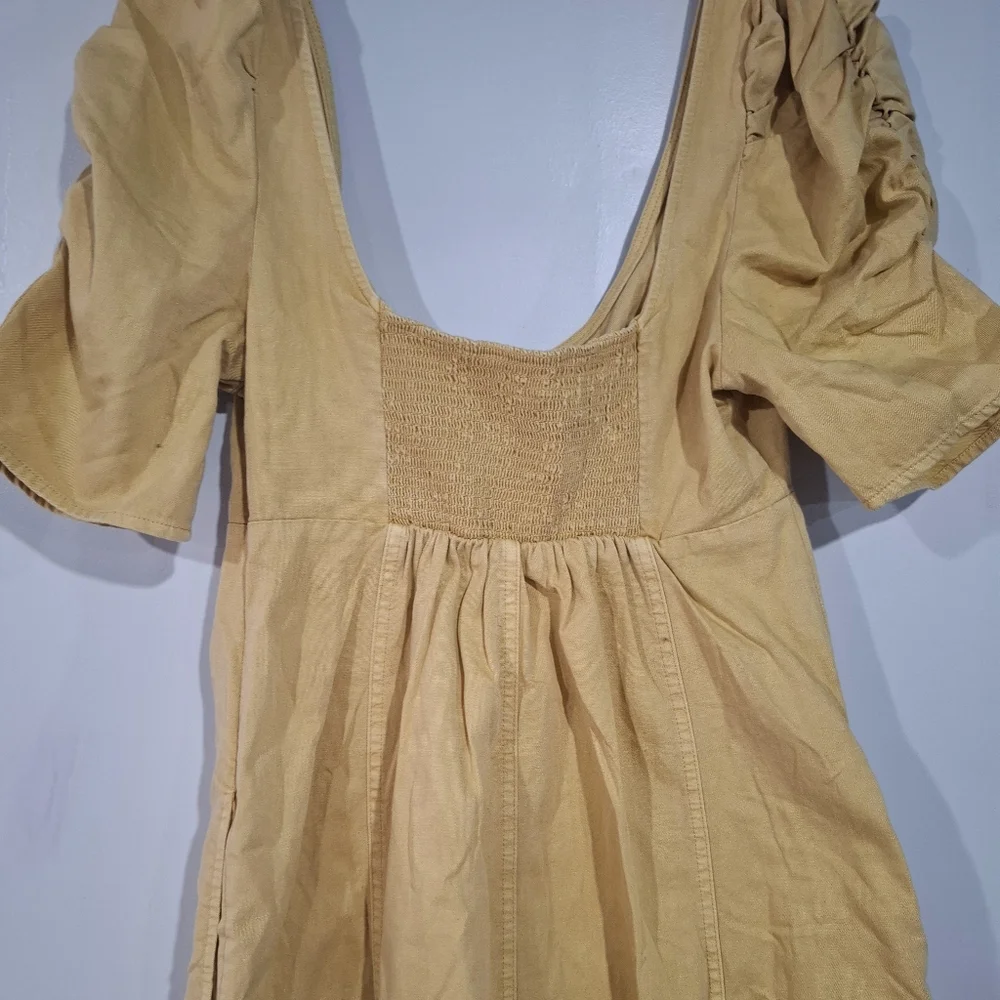 Free People Cheyenne Denim Mini Dress Babydoll Smocked Pockets Puffer Sleeve S